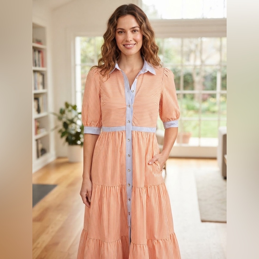 Gretchen Scott Orange & Blue Striped "So Sweet" Tiered Midi Shirt Dress Size M